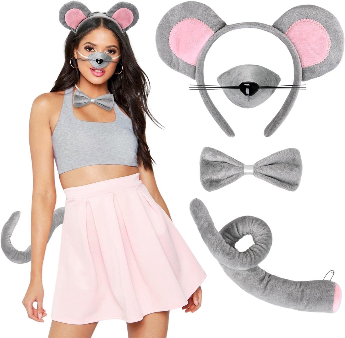 Halloween Muizenkostuum voor Dames met Oren, Neus, Staart en Strik - Dierenkostuum Accessoire voor Feestjes en Carnaval