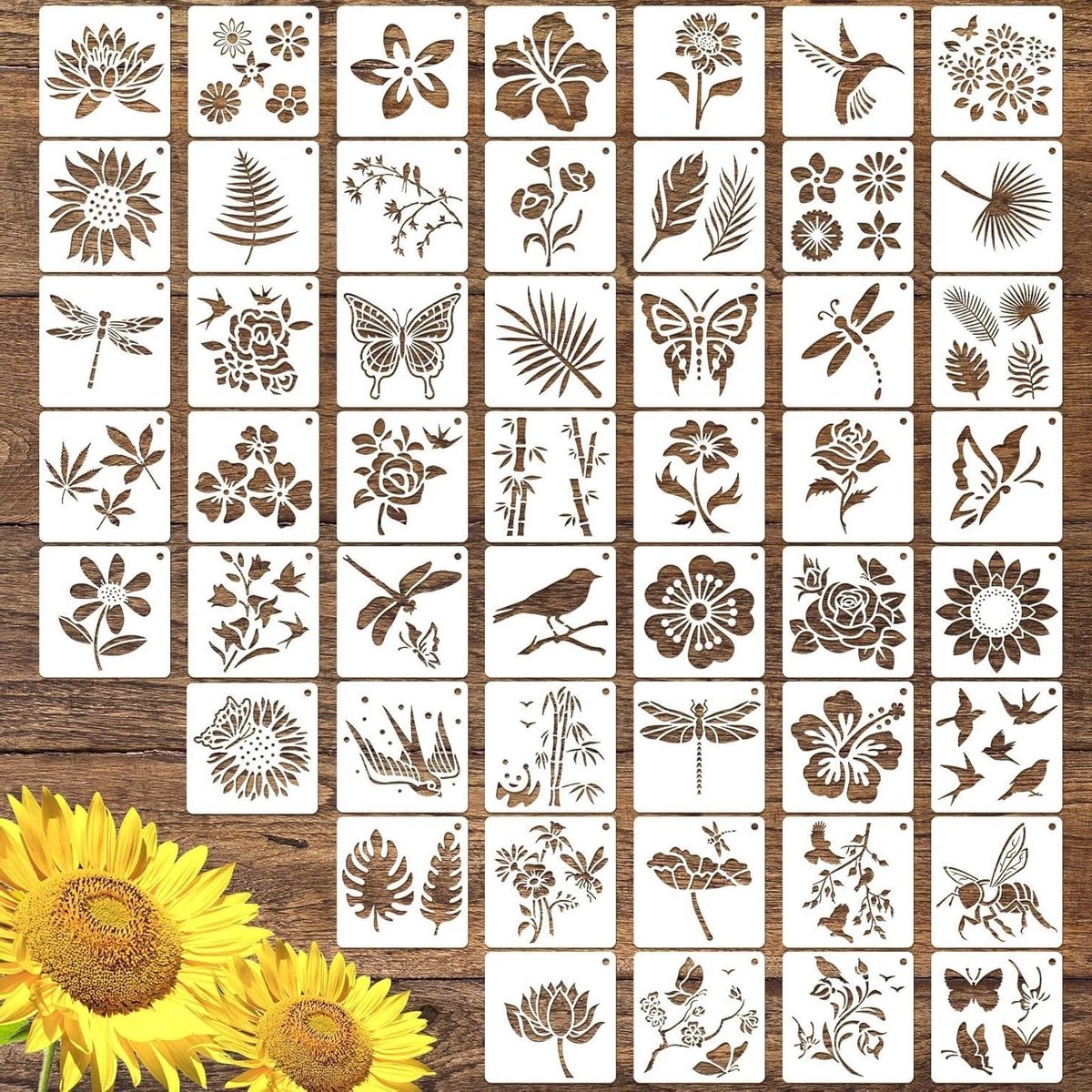 50 Stencils voor Schilderen met Bloemen, Vlinders en Vogels - Herbruikbare Sjablonen voor Kinderen en DIY Muren, 7.5 cm