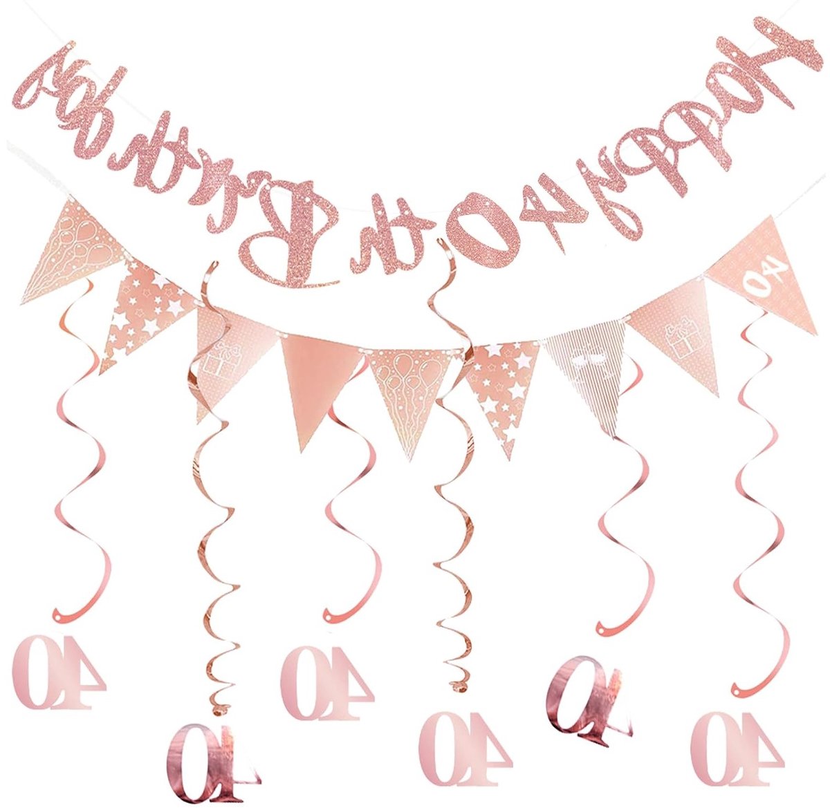 Verjaardag Decoratie - Feest Slingers - Vieren 40 Jaar - Glitter Karton Set - 11 Delig - Roségoud