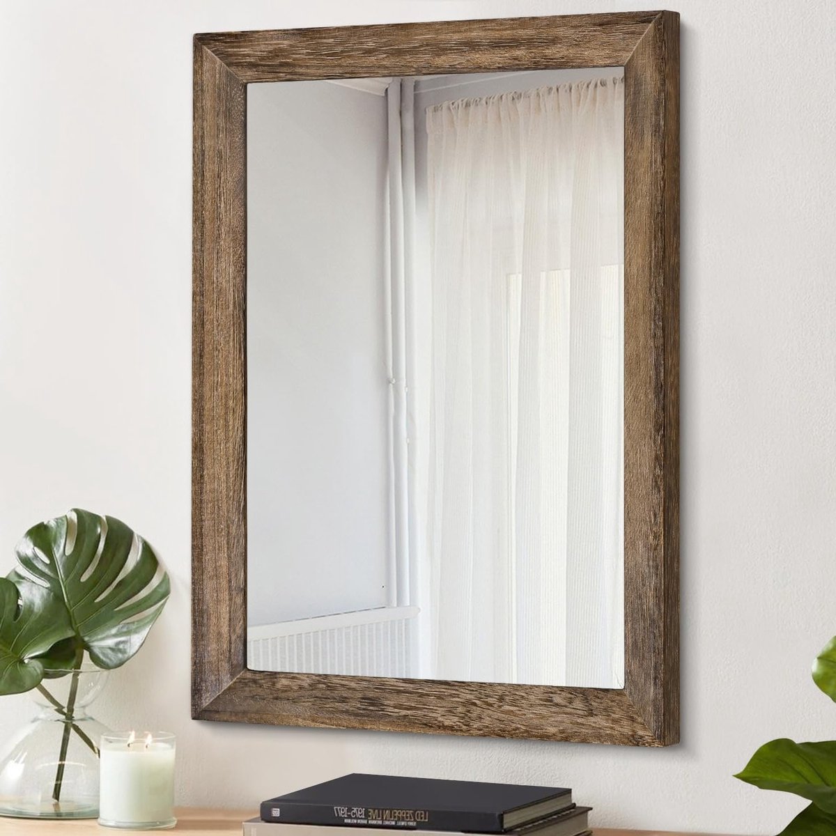 Rustieke Houten Spiegel in Rechthoekige Vorm, Decoratieve Wandspiegel voor Slaapkamer, Woonkamer en Badkamer, Bruin, 40 x 30 cm, Perfect voor Interieurdecoratie