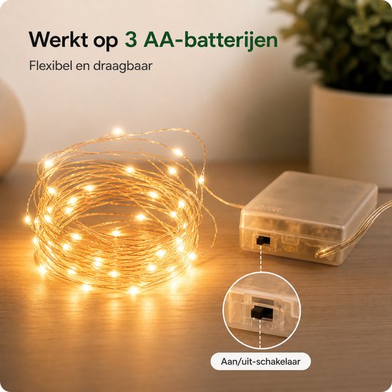 BOTC Lichtsnoer Binnen en Buiten Met Afstandsbediening - Fairy Lights 10 meter - LED Lampjes Slinger - Soothe Lichtsnoer Binnen - Op Batterijen - Warm White