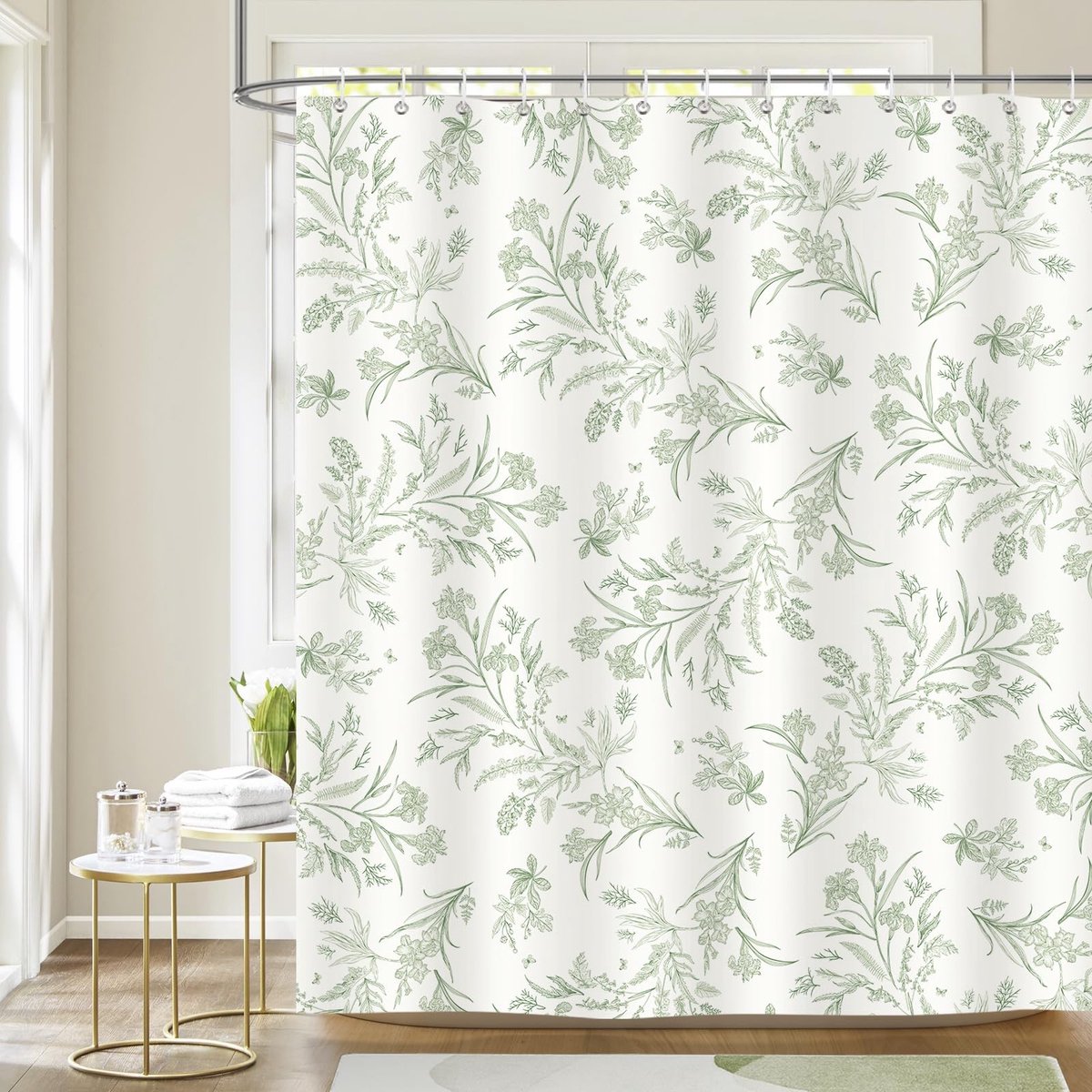 ONF3 - Douchegordijn - Waterdicht - Groen - Botanische Bladeren - Schimmelwerend - 180x180 cm - Geschikt voor Badkamer - Inclusief 12 Haken