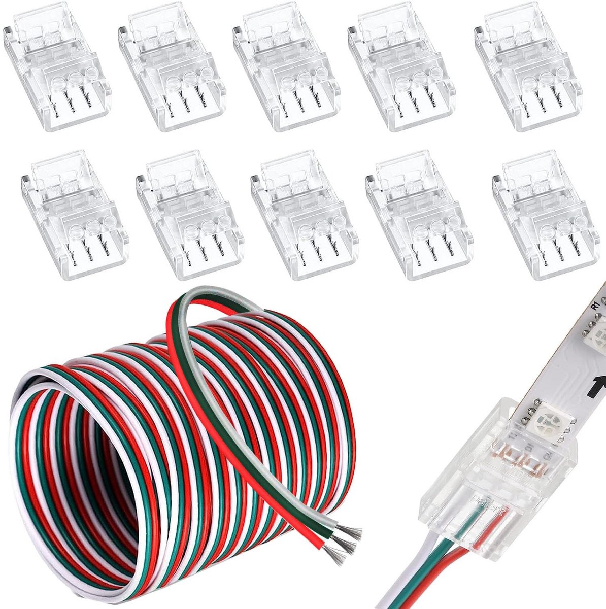 RUNCCI-YUN 5m 22 AWG 3-Pin LED Strip Verlengkabel + 10 Stuks Connector voor 12V/24V LED Strips