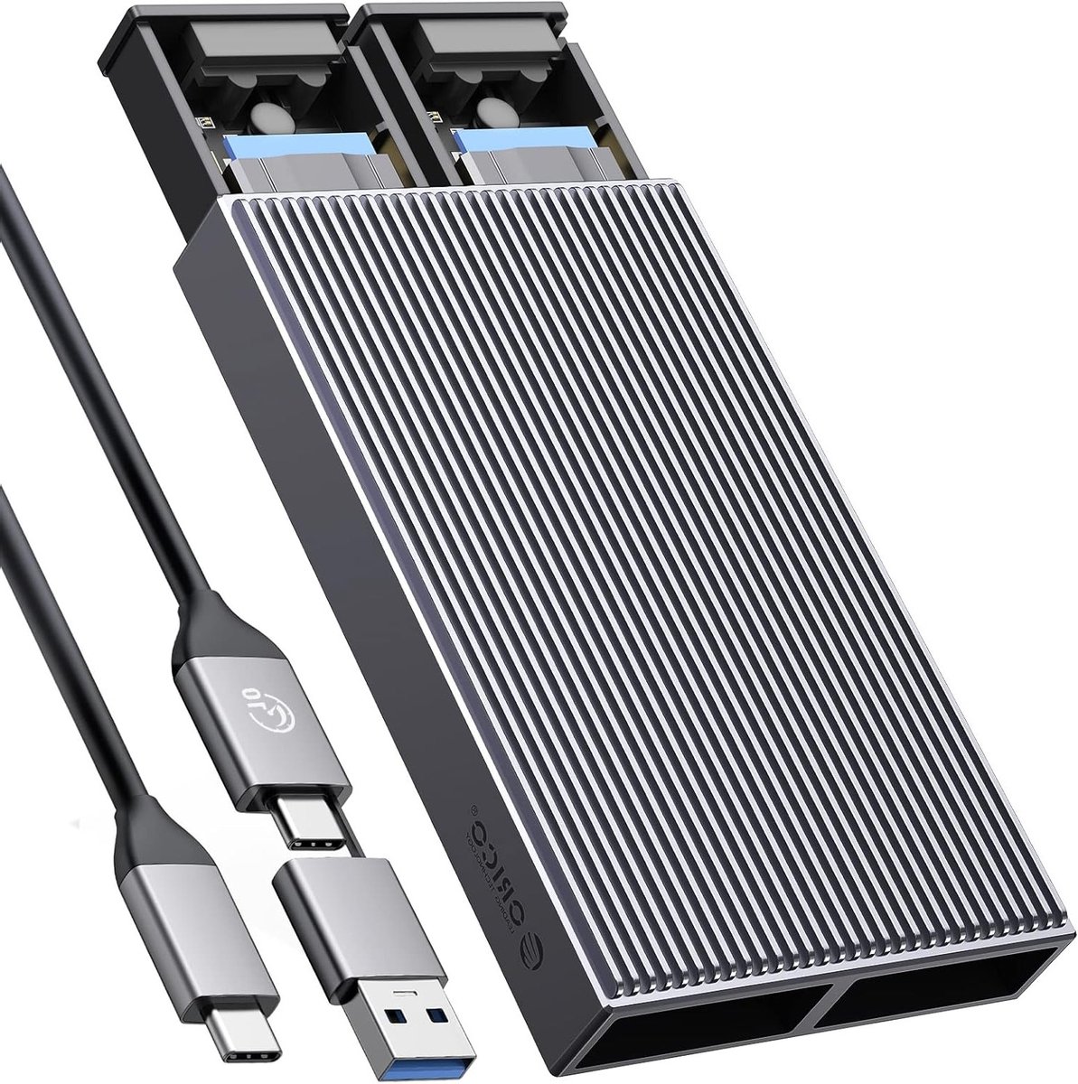 Dual-bay M.2 NVMe SATA SSD Behuizing, USB C naar M.2 Adapter voor PCIe & B+M Key 2230/2242/2260/2280, Toolless Aluminium Externe Behuizing met Trim en UASP Ondersteuning