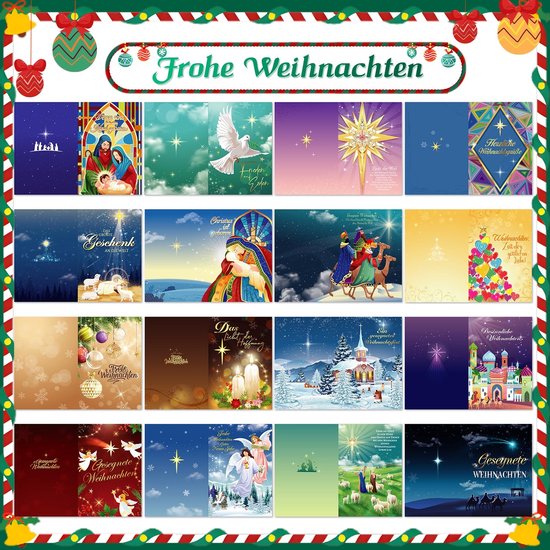 Collectie van twintig unieke kerstkaarten met christelijke motieven, sterren en winterlandschappen.
