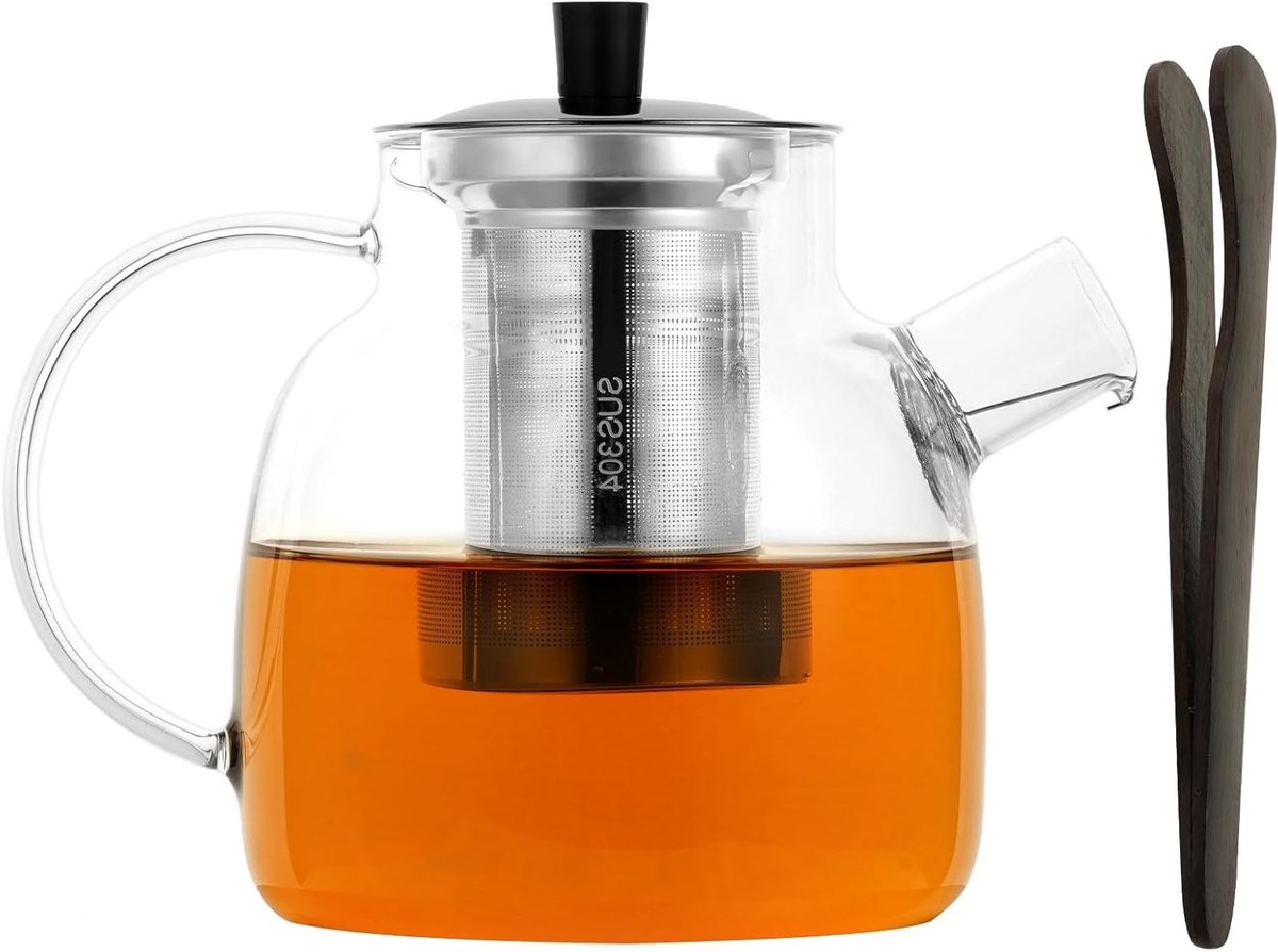 Glazen Theepot 1500 ml met Infuser en RVS Zeef - Helder Glas