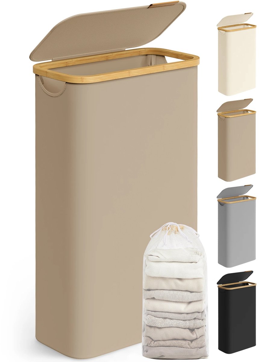 Emvae Wasmand - Smalle Wasbox met Deksel en Uitneembare Waszak - Compact - 65L - Oxford Stof/Bamboe - Beige