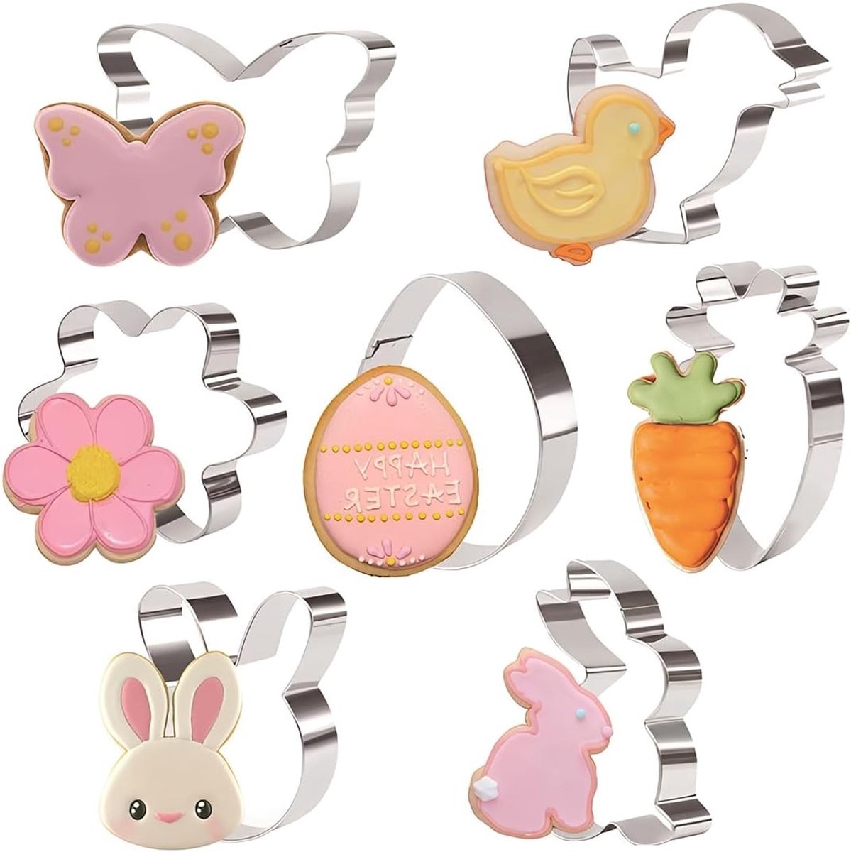 7-Delige Paaskoekjesvormpjes van Roestvrij Staal voor het Maken van Konijntjes, Eieren en Bloemen Koekjes in de Keuken