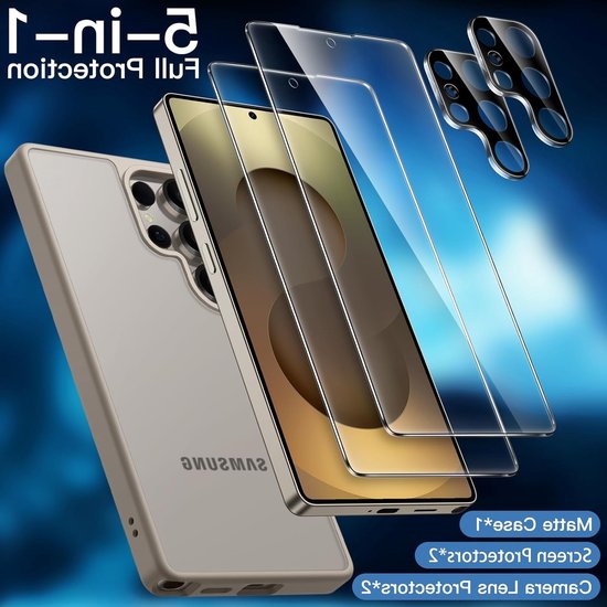 Matte Hoes voor Samsung Galaxy S25 Ultra 5G met 2 Screen Protectors en Camera Lens Bescherming, 5-in-1 Translucente Achterkant, Tempered Glass Film en Duurzaam Design