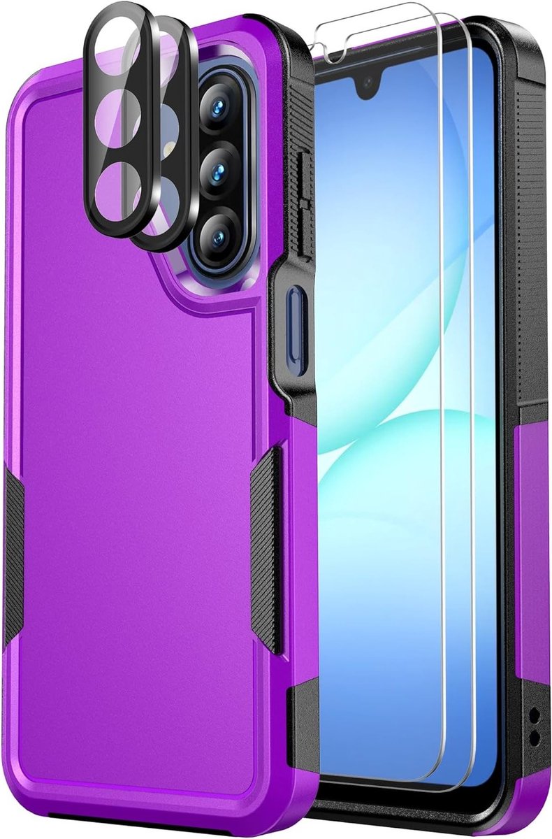 Hoes voor Samsung Galaxy A17 5G met militaire bescherming, schokbestendig en antislip, inclusief glazen display en cameralensbescherming, paars