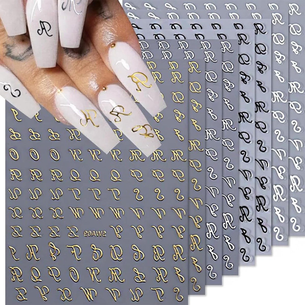 8 Bladen Letter Nail Stickers, Oude Engelse Letters, 3D Zelfklevende Nagelversieringen in Goud, Zilver en Zwart voor Retro Nageldesigns