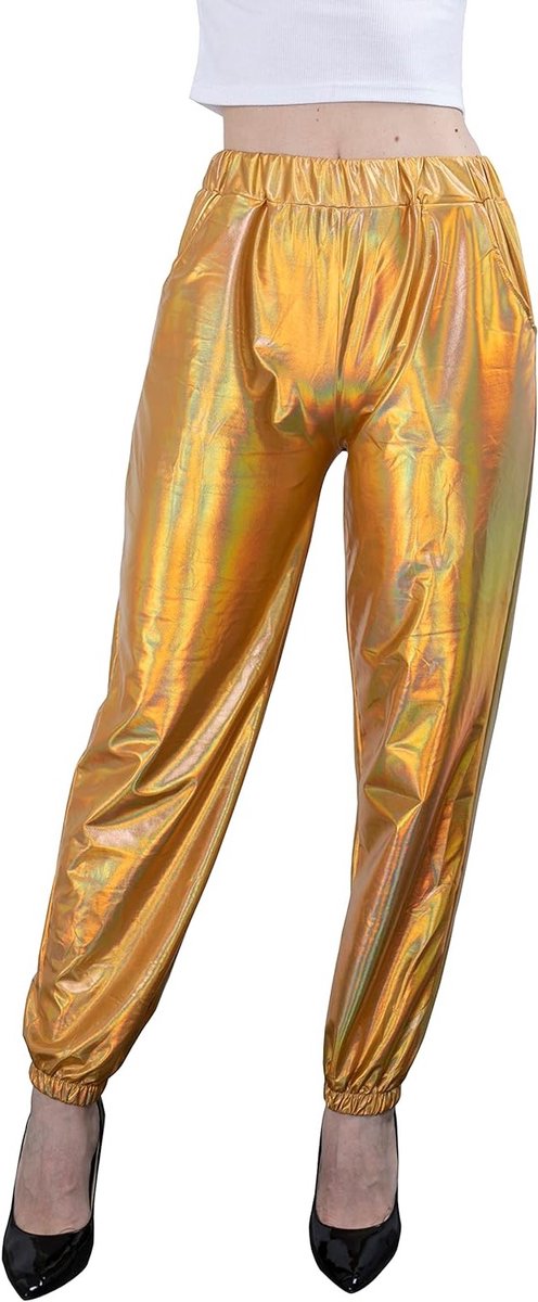 Dames Metallic Shiny Joggingbroeken in Holografische Kleur voor Casual Streetwear en Hip Hop Stijl, Comfortabele Elastische Broeken