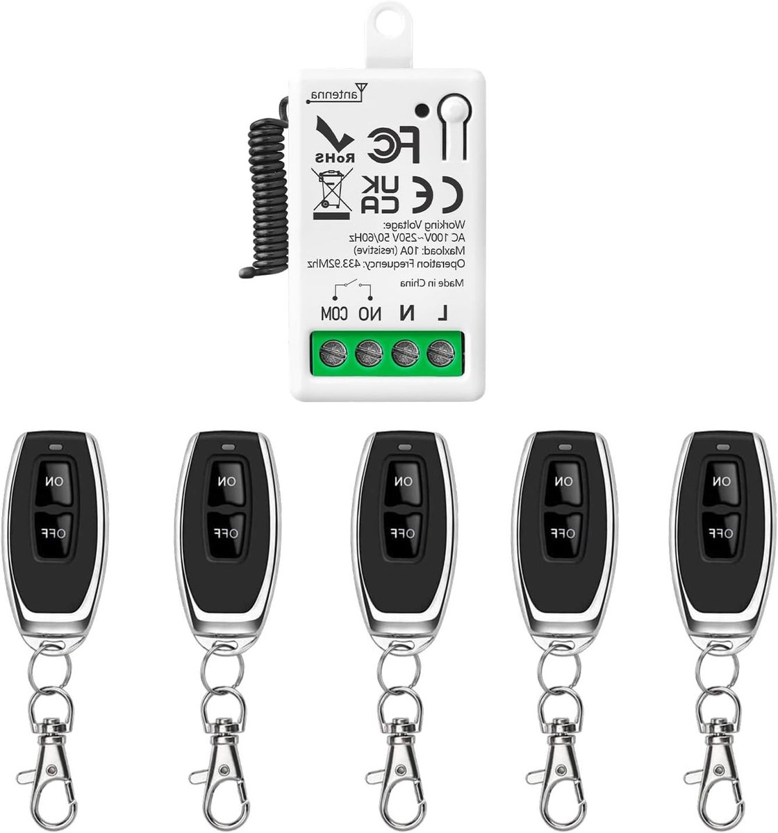 Draadloze afstandsbediening schakelaar 433MHz AC 220V 230V met 5 zenders voor verlichting en garagedeuren, relaismodule met passieve droge contacten