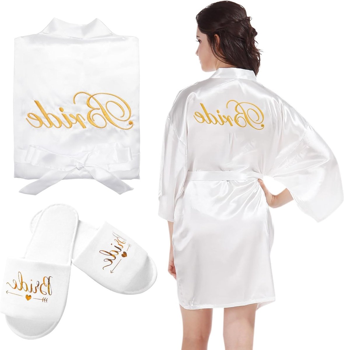 Elegante Satin Badjas voor Dames met V-hals en Slippers - Perfect voor Bruiloften, Vrijgezellenfeesten en Slaapmode