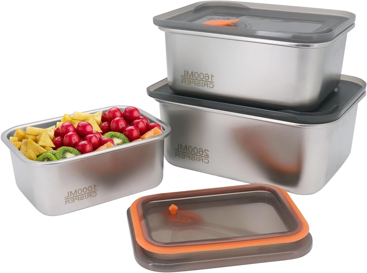 Roestvrijstalen voedselcontainers 1000 ml, 1600 ml en 2600 ml - Lekbestendige snackcontainers voor keuken en vriezer