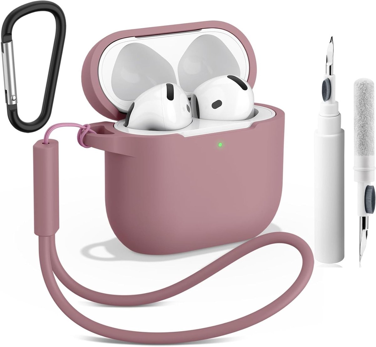 Dunne en Schokbestendige Silicone Hoes met Reinigingspen, Carabiner en Lanyard voor AirPods 4 - 4 in 1 Accessoire Set voor Bescherming en Gebruiksgemak