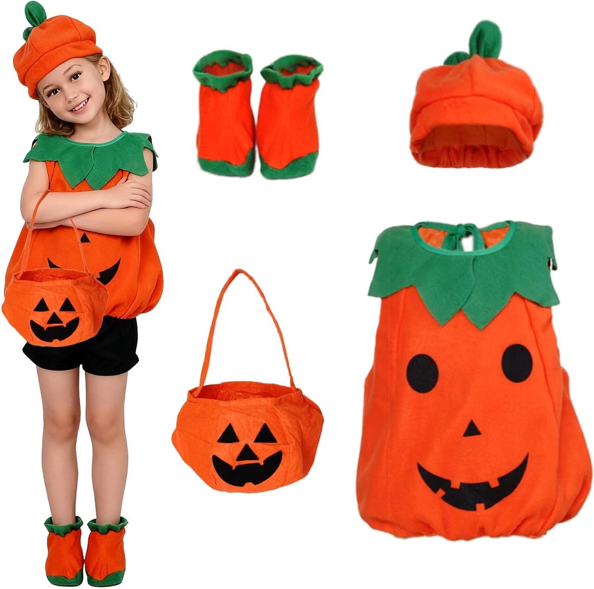 Halloween Pompoen Kostuum voor Kinderen van 3-10 Jaar met Blad Hoed en Snoepzak - Comfortabel en Geschikt voor Carnavalsfeesten en Verkleedpartijen