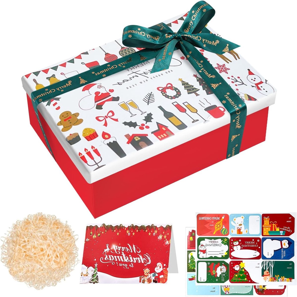 Luxe kerstgeschenkdoos met deksel, stevige opvouwbare verpakking voor cadeaus, inclusief zelfklevende kerstfolies en kaart, 290 x 220 x 105 mm