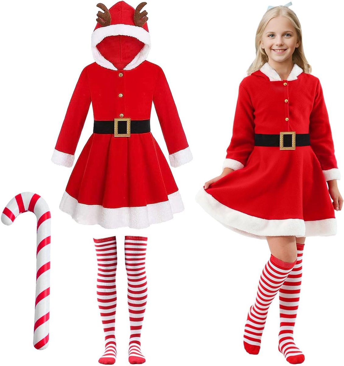 Kerstkostuum voor Dames en Meisjes, Fluweel Santa Claus Outfit met Ceintuur en Kap voor Feestelijke Cosplay en Kerstvieringen