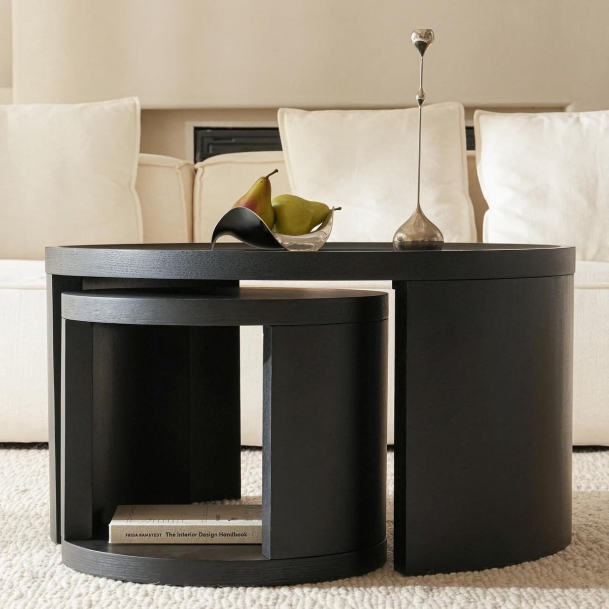 Salontafel Set van 2 Rond met Opbergruimte Ø80 cm & Ø46 cm – Moderne Koffietafel Set van Hout MDF – 2-delige Woonkamertafel & Bijzettafel – Zwart – Faisal