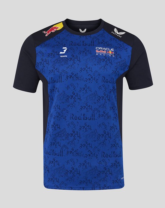 Blauw sportshirt met grafisch patroon, Red Bull Racing logo, Verstappen nummer 3 en Castore logo.