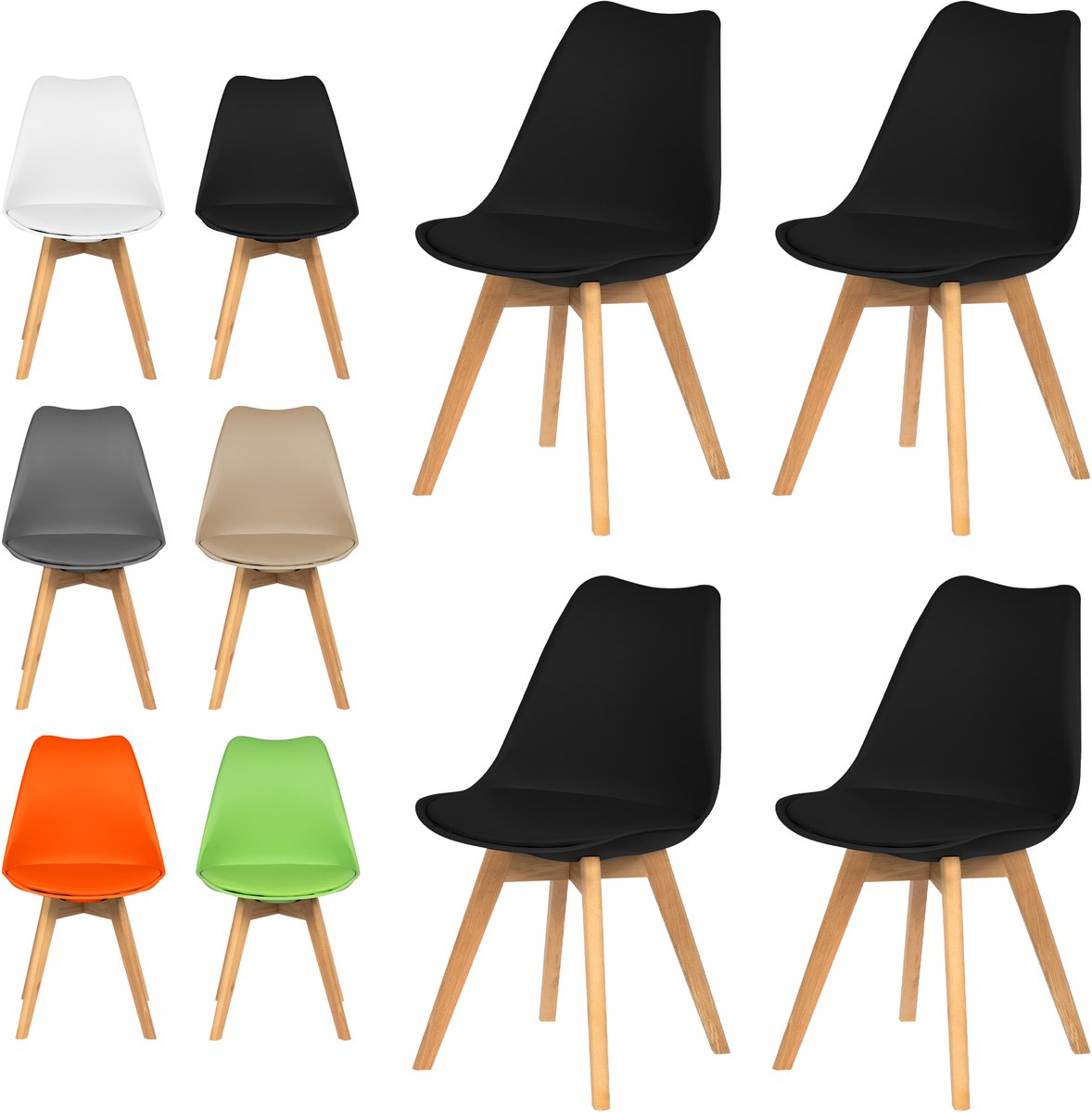 xDays Eetkamerstoelen Set van 4 Zwart – Scandinavisch Design – Kuipstoel met PP Zitting en PU Leer Zitkussen – Houten Poten – Ergonomisch – Eettafelstoel – Bureaustoel – Kaptafelstoel – 120 kg Draagvermogen – Lichtgewicht