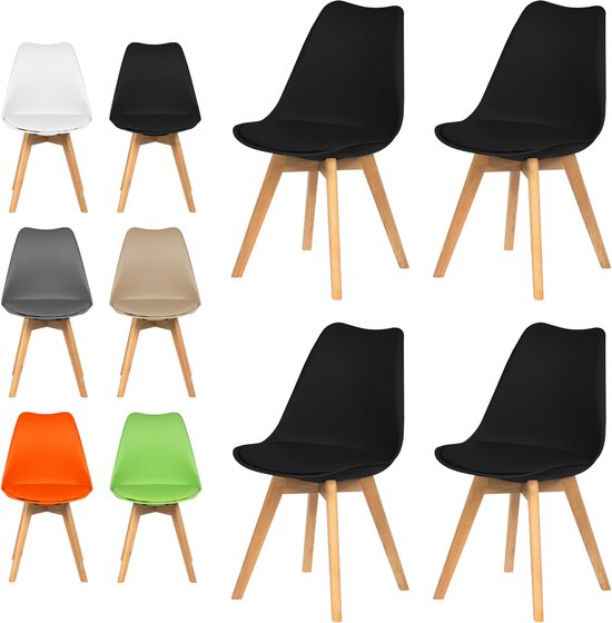 Collage van diverse kleuren kuipstoelen met houten poten: wit, zwart, grijs, beige, oranje en groen.