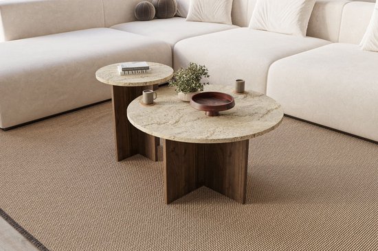 Asir - Salontafelset - Notenhout, travertijn - 100% met melamine gecoat spaanplaat - 70 x 70 x 40 cm