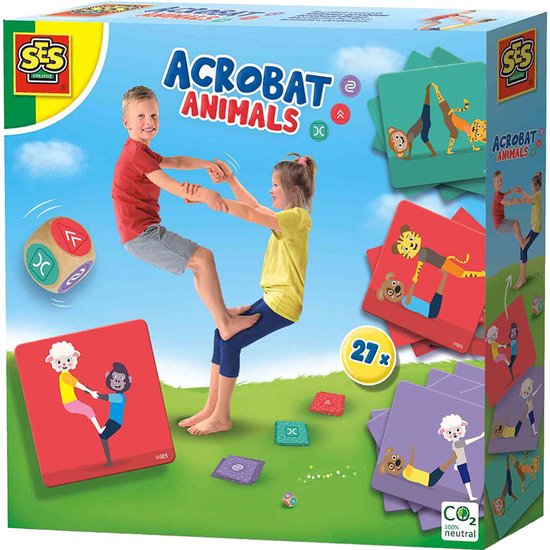 SES - Acrobaat dieren - doe de dieren op de 27 speelkaarten na - met dobbelsteen van hout - binnen of buiten spelen