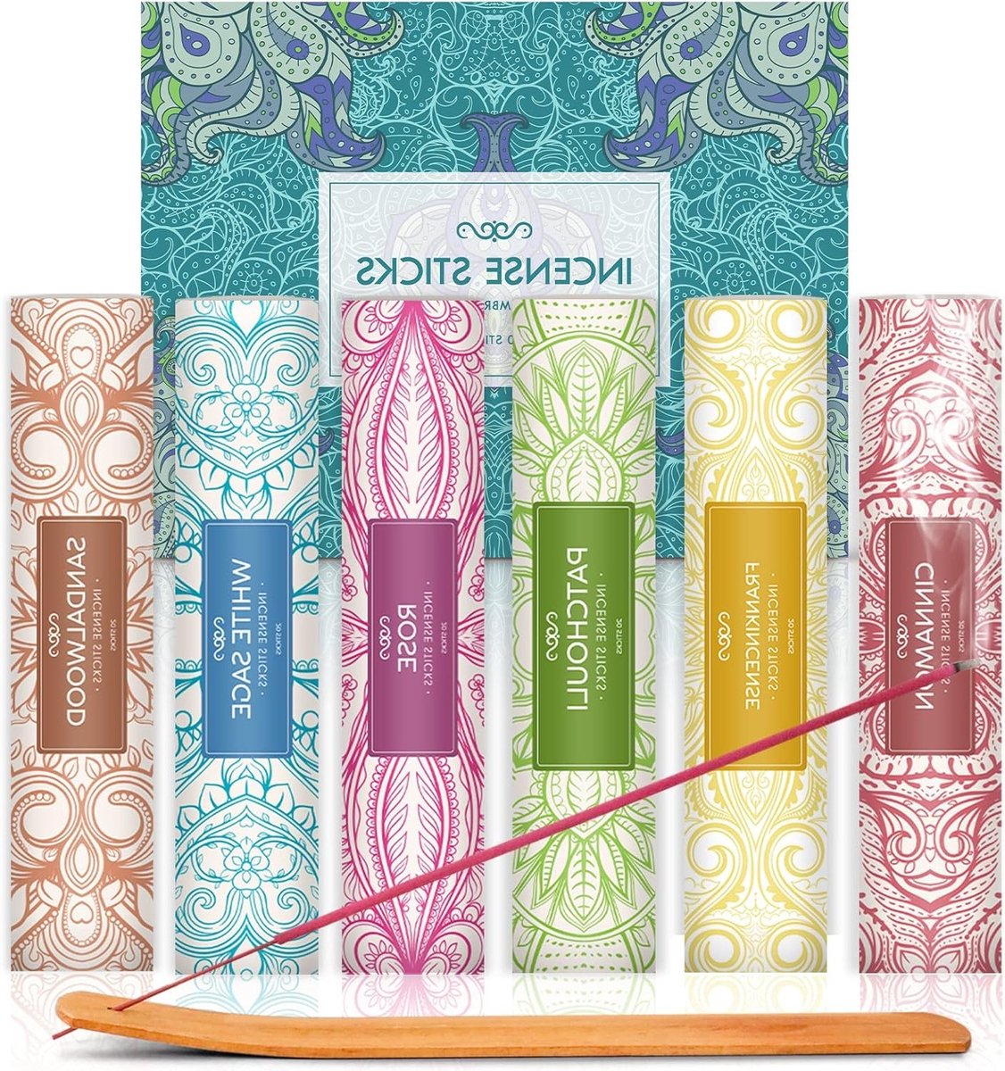 Set van 120 Wierookstokjes met Witte Salie, Sandelhout, Frankincense, Kaneel, Patchouli en Rozen - Aromatische Geuren voor Ontspanning en Meditatie