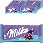 Doos met Milka Bubbly Alpenmelk repen, met opdruk van een koe en bergen.