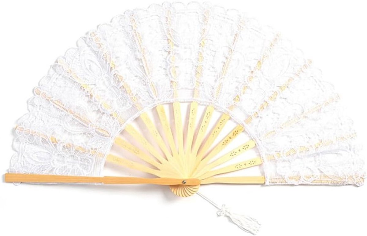 Elegante Witte Handwaaier van Vintage Kant met Kwastje voor Bruiloft, Carnaval en Feestjes