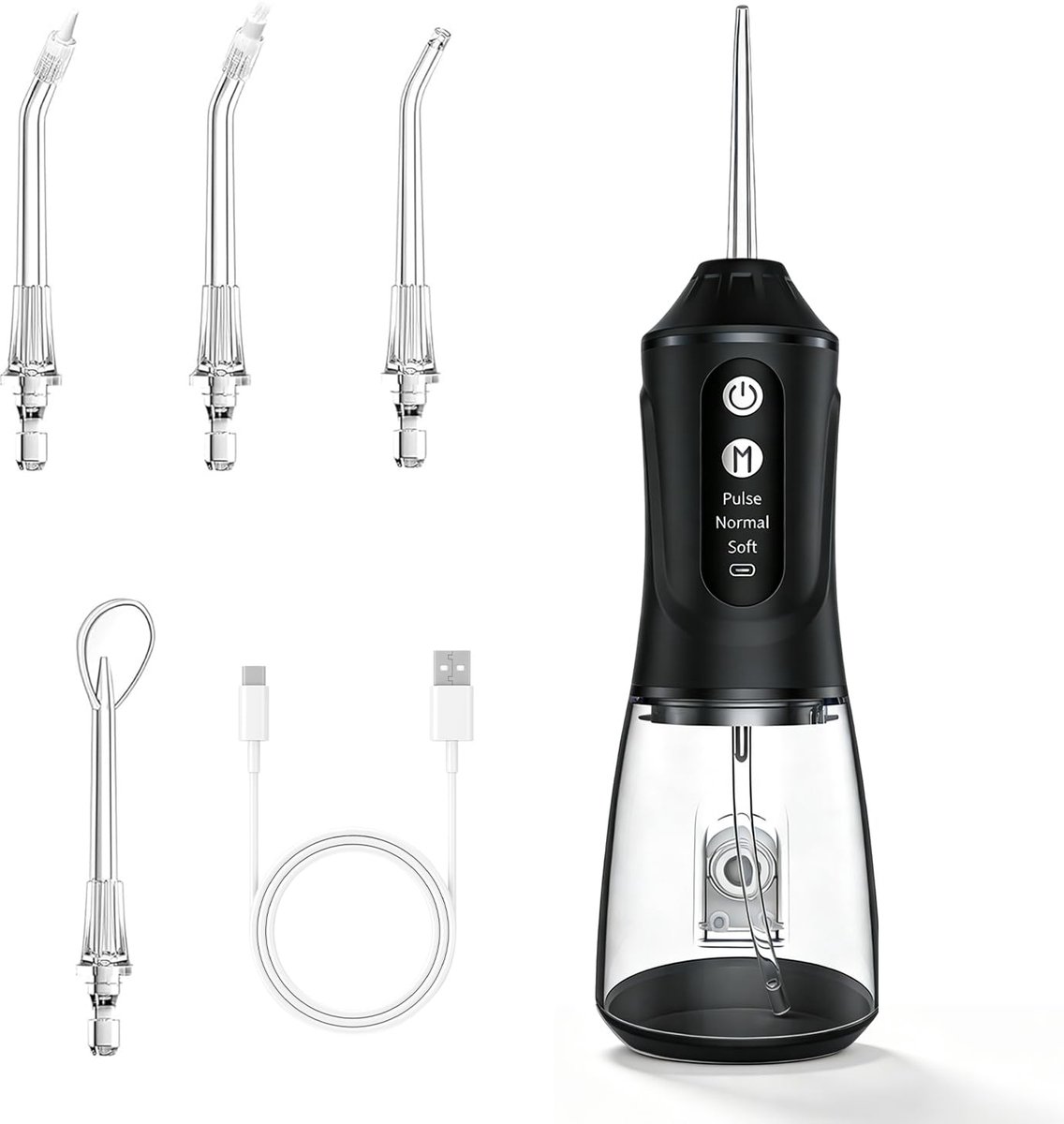 Draadloze Monddouche 380 ml – 3 Standen – 4 Mondstukken – IPX7 Waterdicht – Elektrische Waterflosser voor Mondhygiëne, Tanden en Interdentaal Reiniging – Voor Thuis en Reizen – Zwart