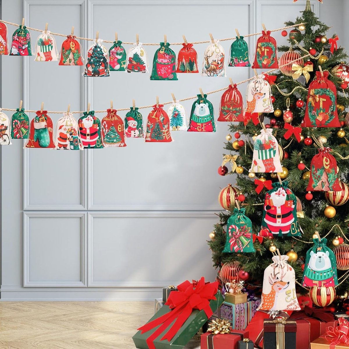 Vul je eigen Adventskalender 2025 - 24 Stuks Stoffen Zakjes voor Kerst, Inclusief Houten Klemmen en Touw voor Snoep, Chocolade en Kleine Cadeaus – foto 3