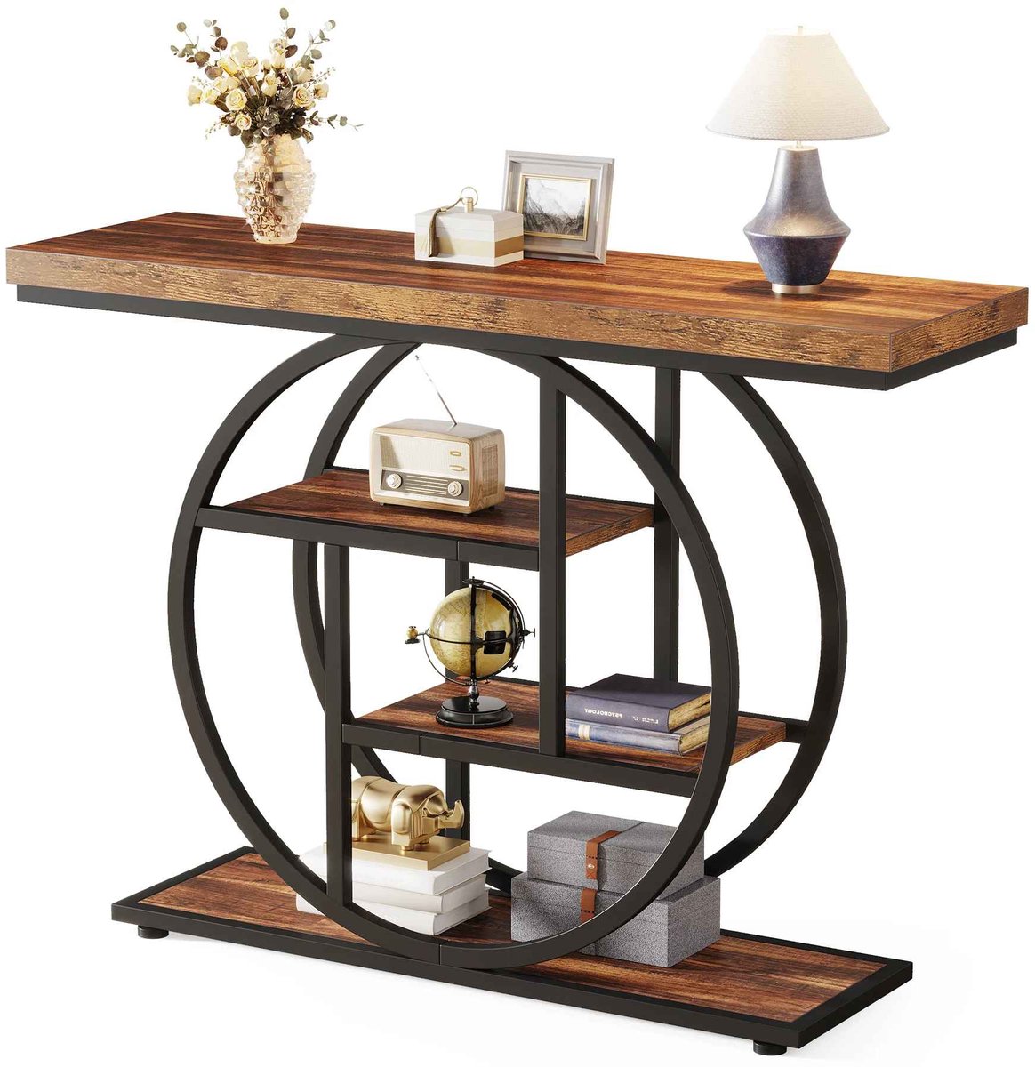 C. , R. E. CORE Consoletafel - O-vormige entreetafel - Haltafel - Gangtafel - Bijzettafel - 4 Planken - Industrieel design - 105x30x80cm Rustiek bruin