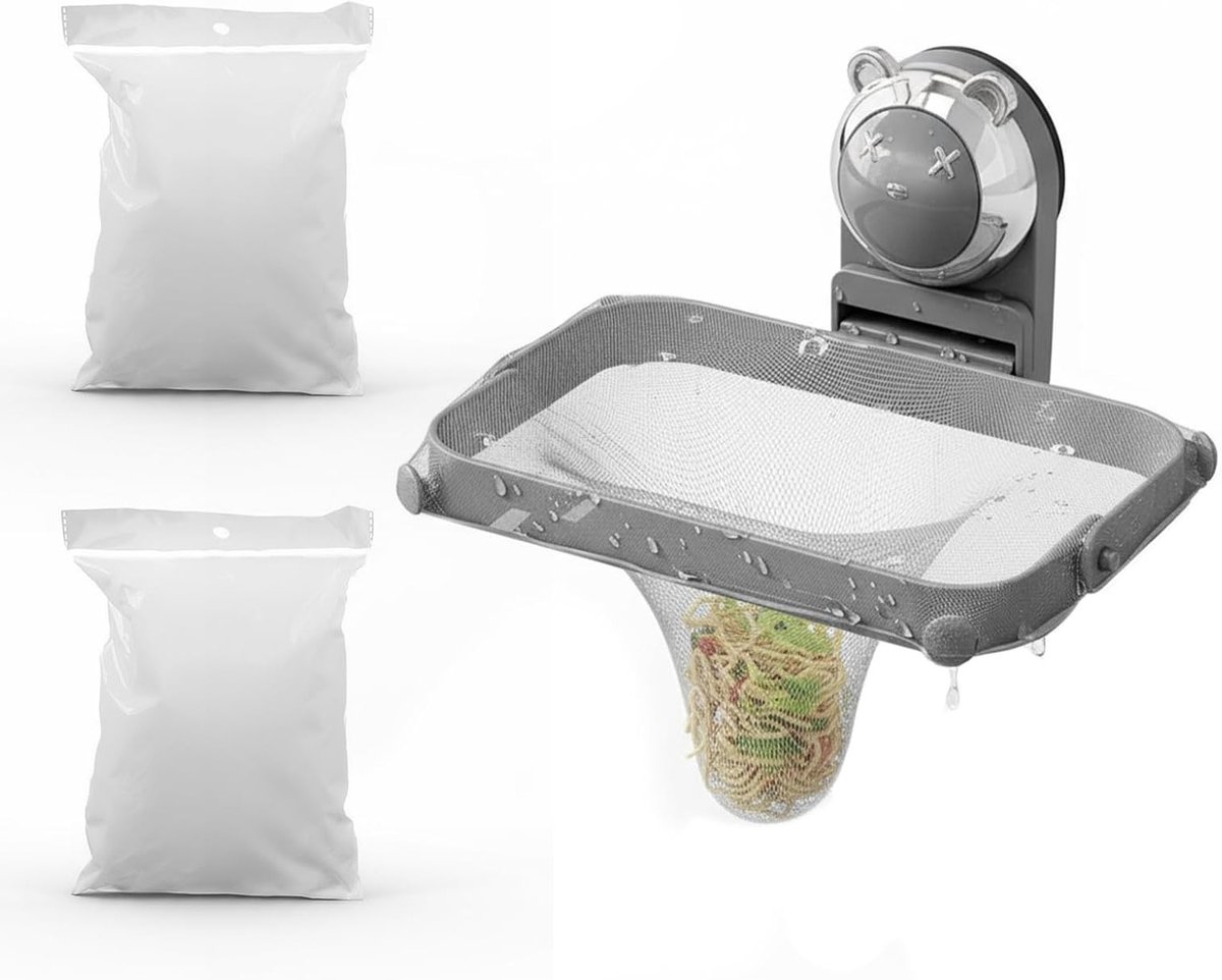2-in-1 Afvoerfilter voor Keuken met Zuignap en 100 Mesh Compartimenten, Inklapbaar Afvoerzeef voor het Voorkomen van Vuil en Buildup in de Gootsteen (Grijs)