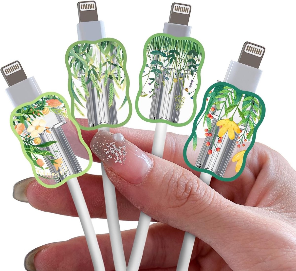 4-delige Beschermhoes voor Datakabels met Schattig Bloemenpatroon, Kabelbescherming en Antibreak Accessoires voor USB Type C en Lightning Kabels