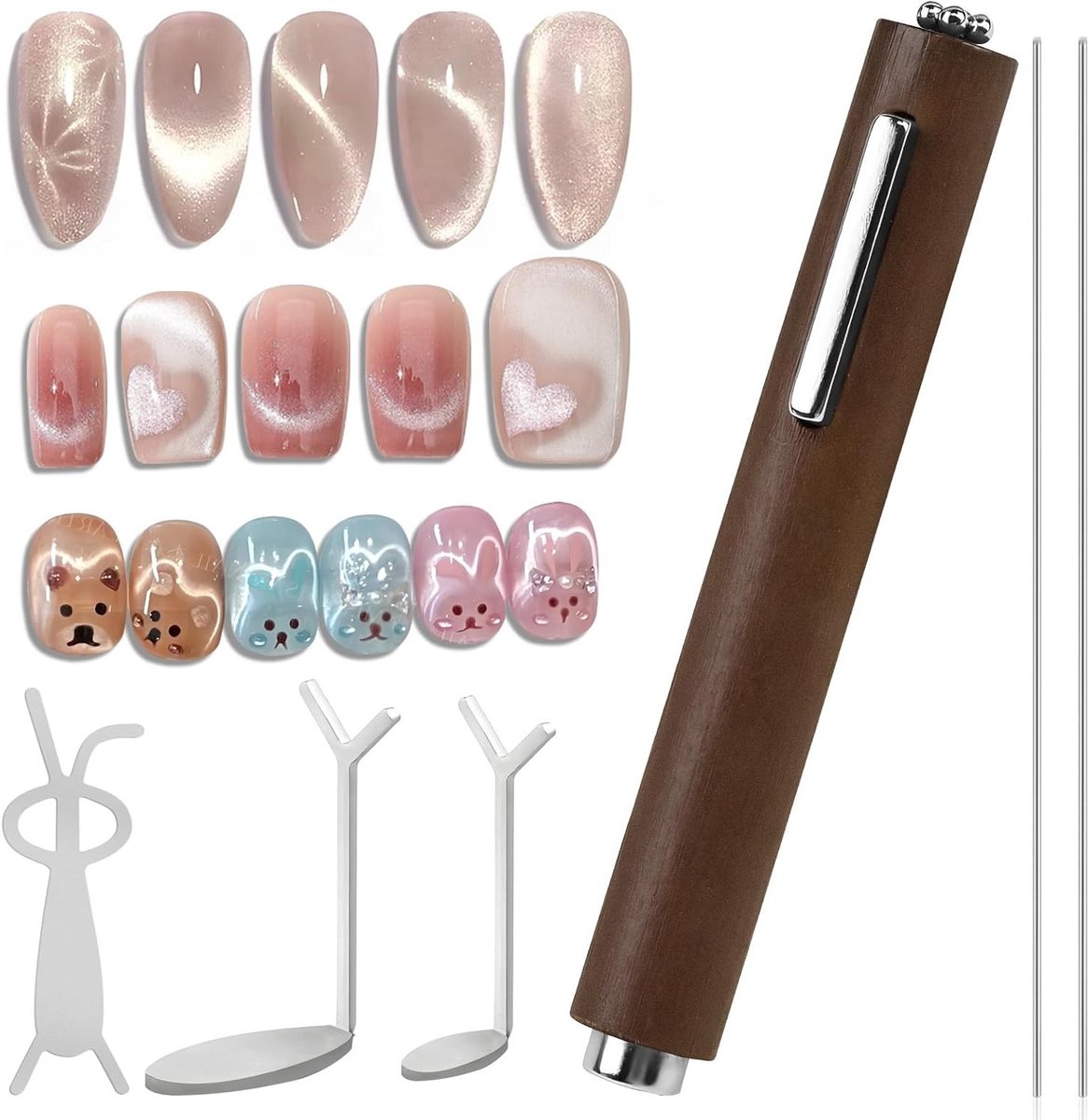 E-Ambar - 3-in-1 Cat Eye Nagelmagneetset met Houten Handvat - Manicure DIY Gereedschap