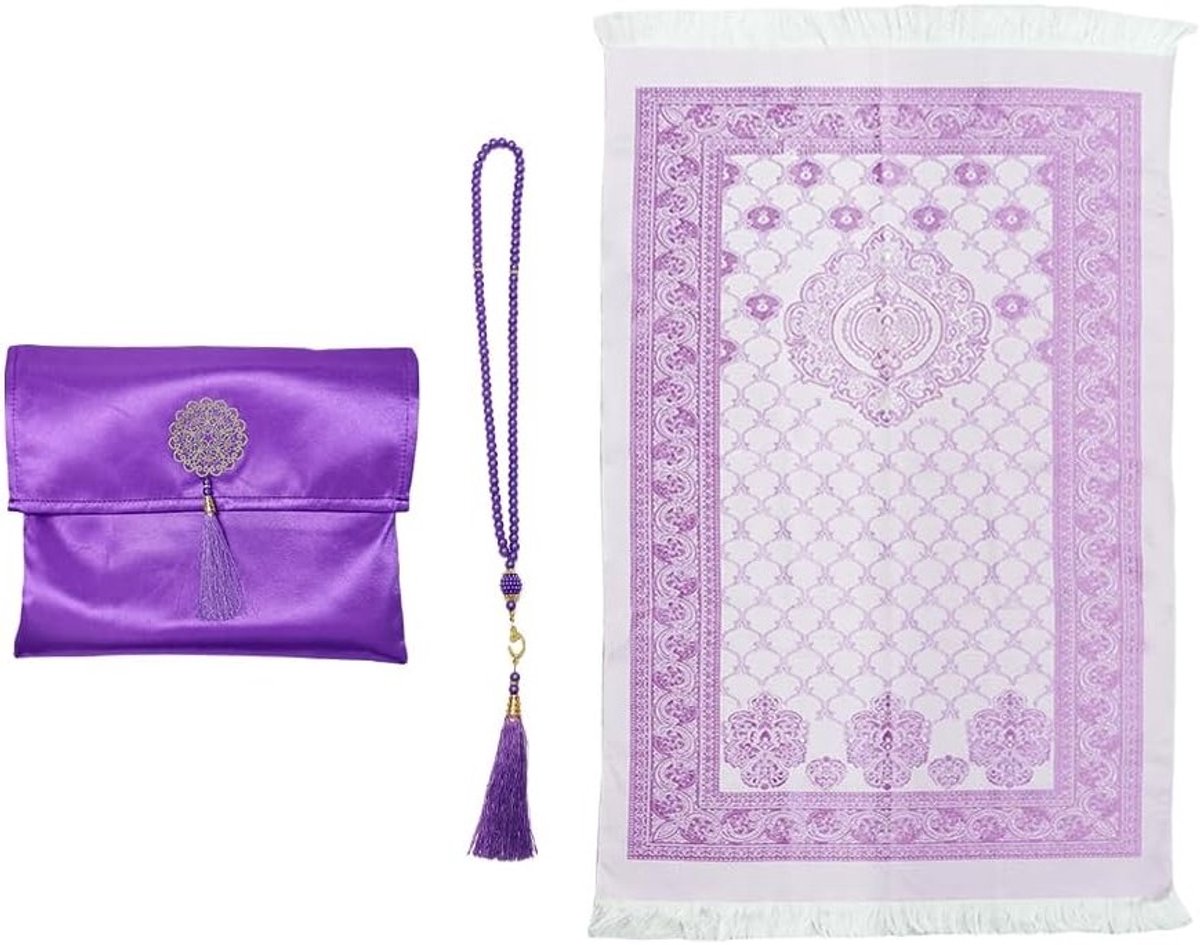 Elegante paarse gebedsmat voor moslims met stoffen tas, perfect voor Ramadan en als cadeau, inclusief kralen en hoogwaardige afwerking