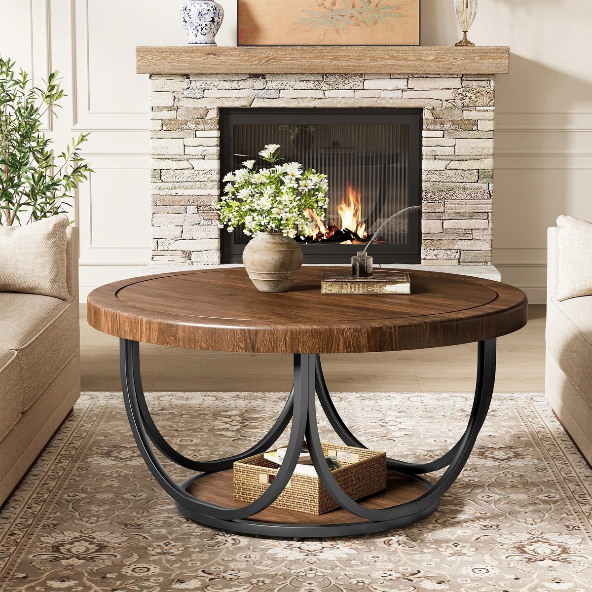 Questyr Ronde salontafel met 2 lagen - 80 cm houten cocktailtafel met cirkelvormig accent - opbergplank en metalen frame zwart / donkerbruin