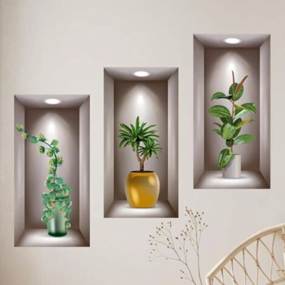 3D plantenmuursticker 20 x 40 cm, zelfklevende plantensticker, optische illusie muurstickergeschikt voor de keuken, sticker geschikt voor vaaseffect, geschikt voor slaapkamer- en woonkamermuren.