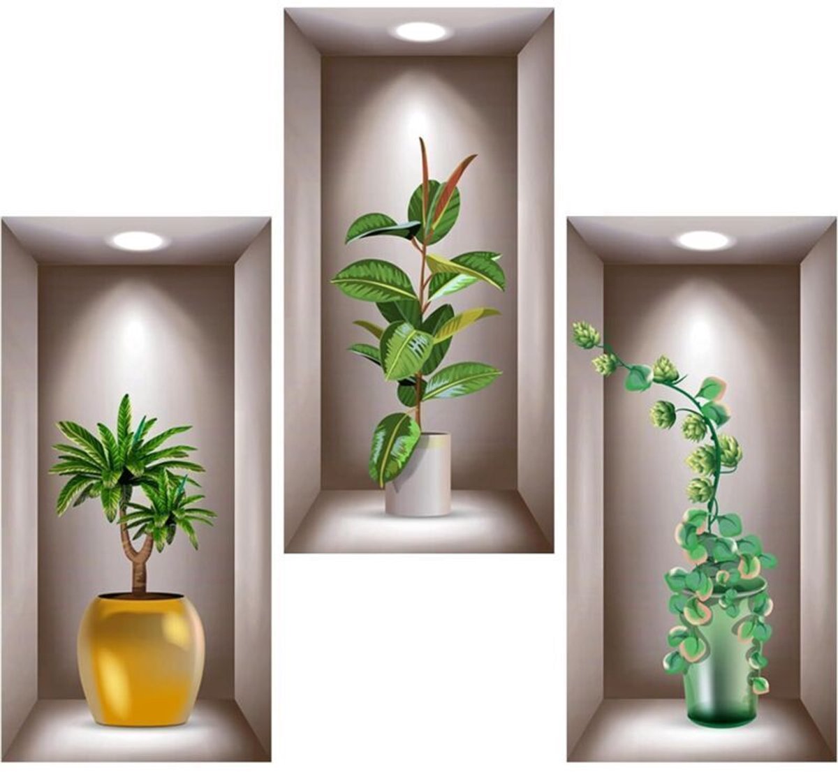 Een set van 3 3D vinyl muurstickers, geschikt voor woonkamers, vazen, kamerplanten – ook geschikt voor slaapkamers, kantoren en keukens – 40 x 20 cm.