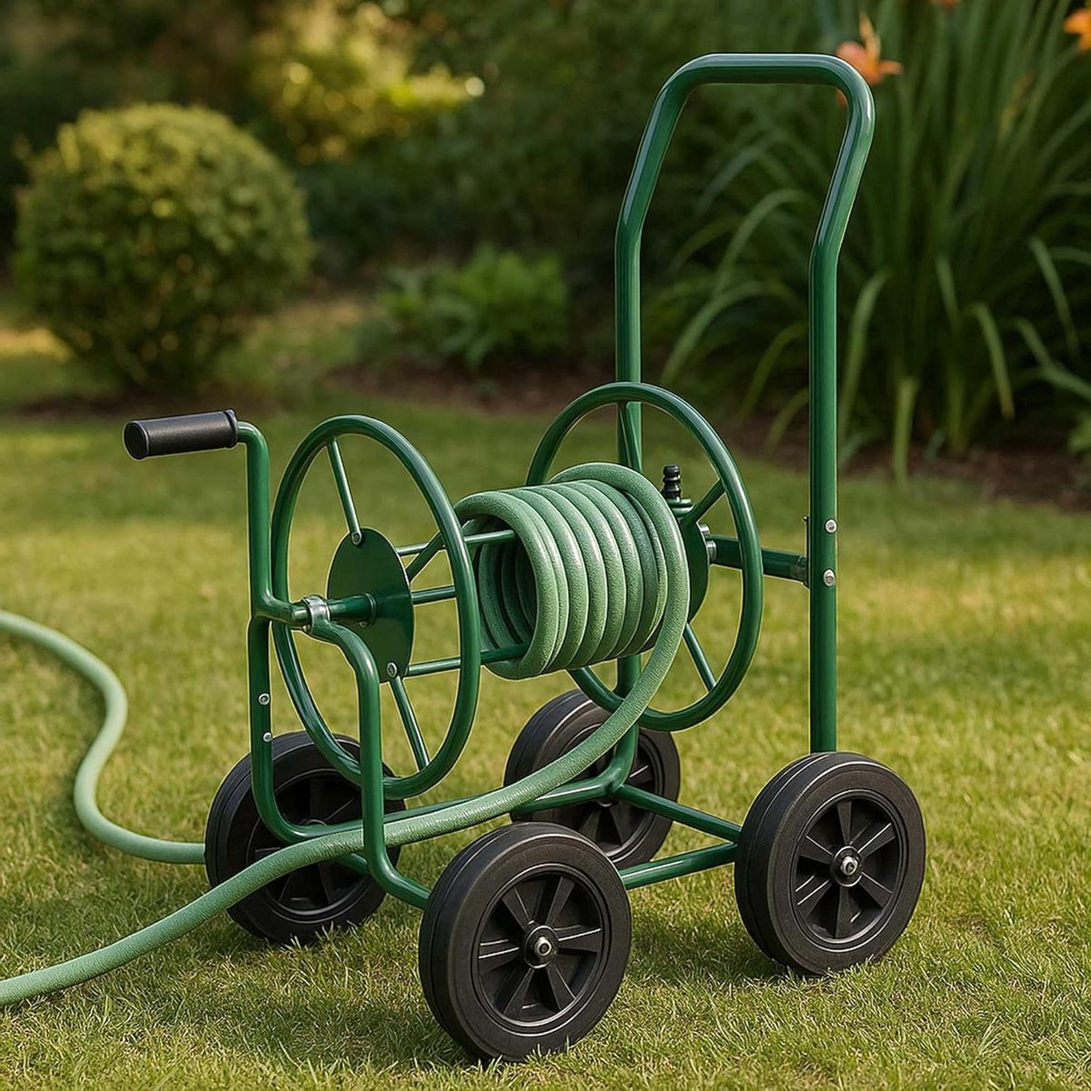 Metalen slanghaspel - Slanghouder wielen - Tuinslang opbergen - Met handige wielen - 45 x 45 x 94 cm - Groen