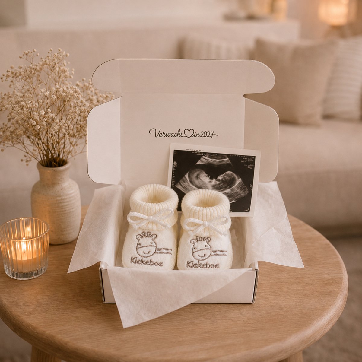 Blijeitje - Baby Cadeau – Babyslofjes Unisex Cadeau –Zachte Newborn Slofjes 0-3 Maanden – Bekendmaking zwangerschapsaankondiging baby - Kiekeboe slofjes Verwacht in 2027 design
