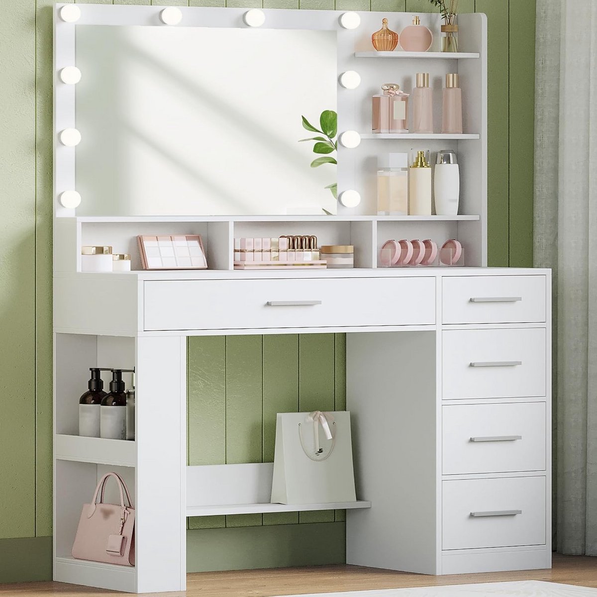 Kaptafel met Spiegel - Make-up tafel - Slaapkamer Organisatie - Verstelbare LED-verlichting - 40 x 108 x 138 cm - Wit