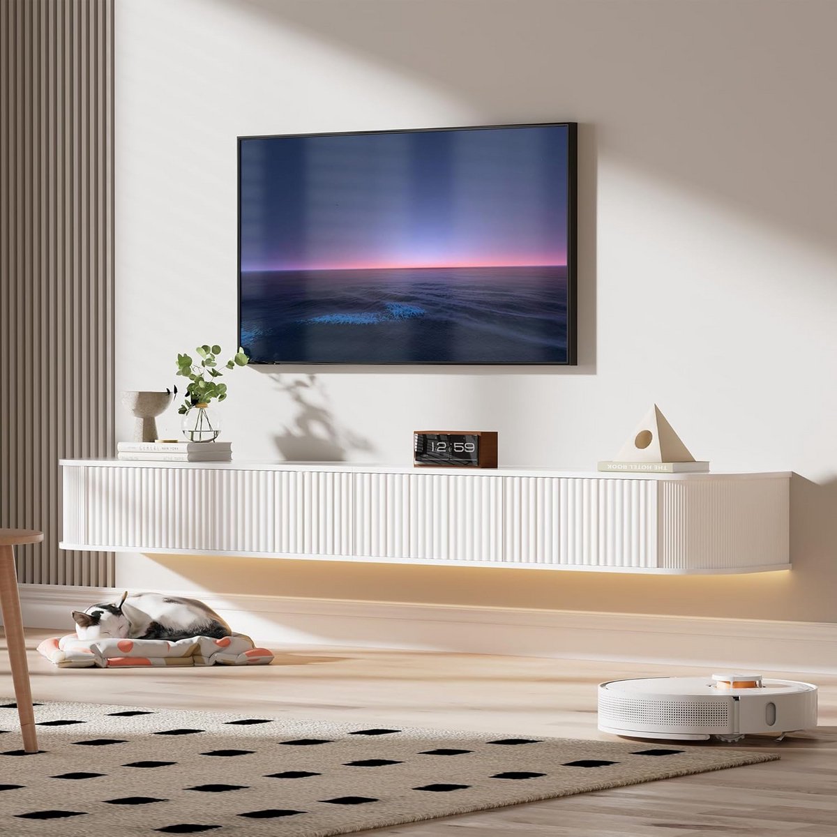 Zwevend TV-Meubel - Wandkast Media - Entertainment Opslag - Sfeervolle LED Verlichting - 180cm Breed - Wit