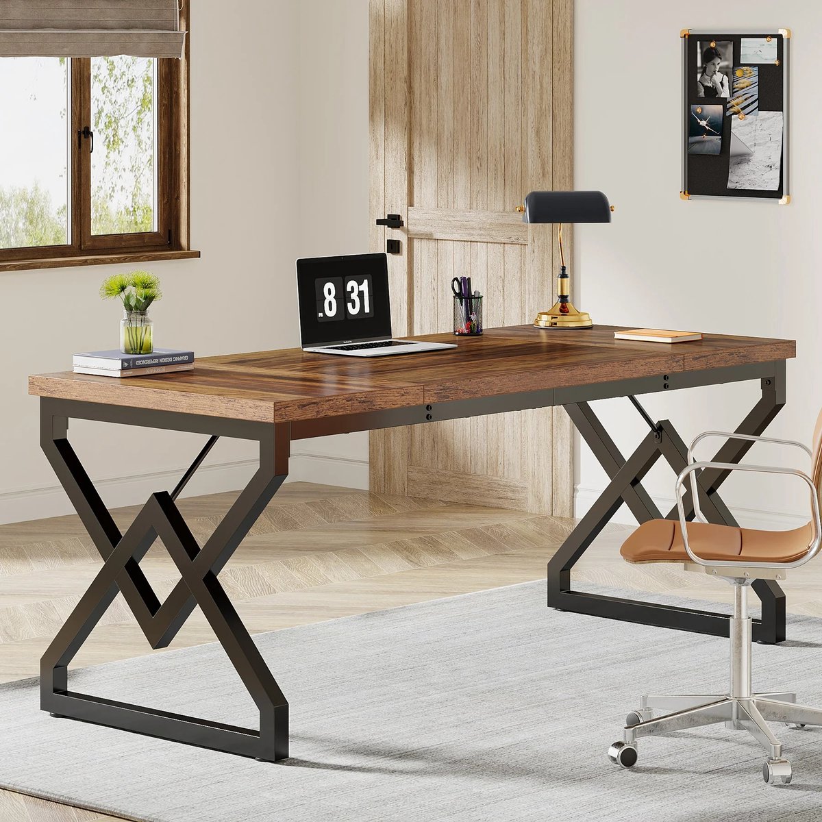 Questyr directiebureau - bureau met extra verdikt houten tafelblad en metalen frame - groot computerbureau van 63 inch zwart / donker bruin