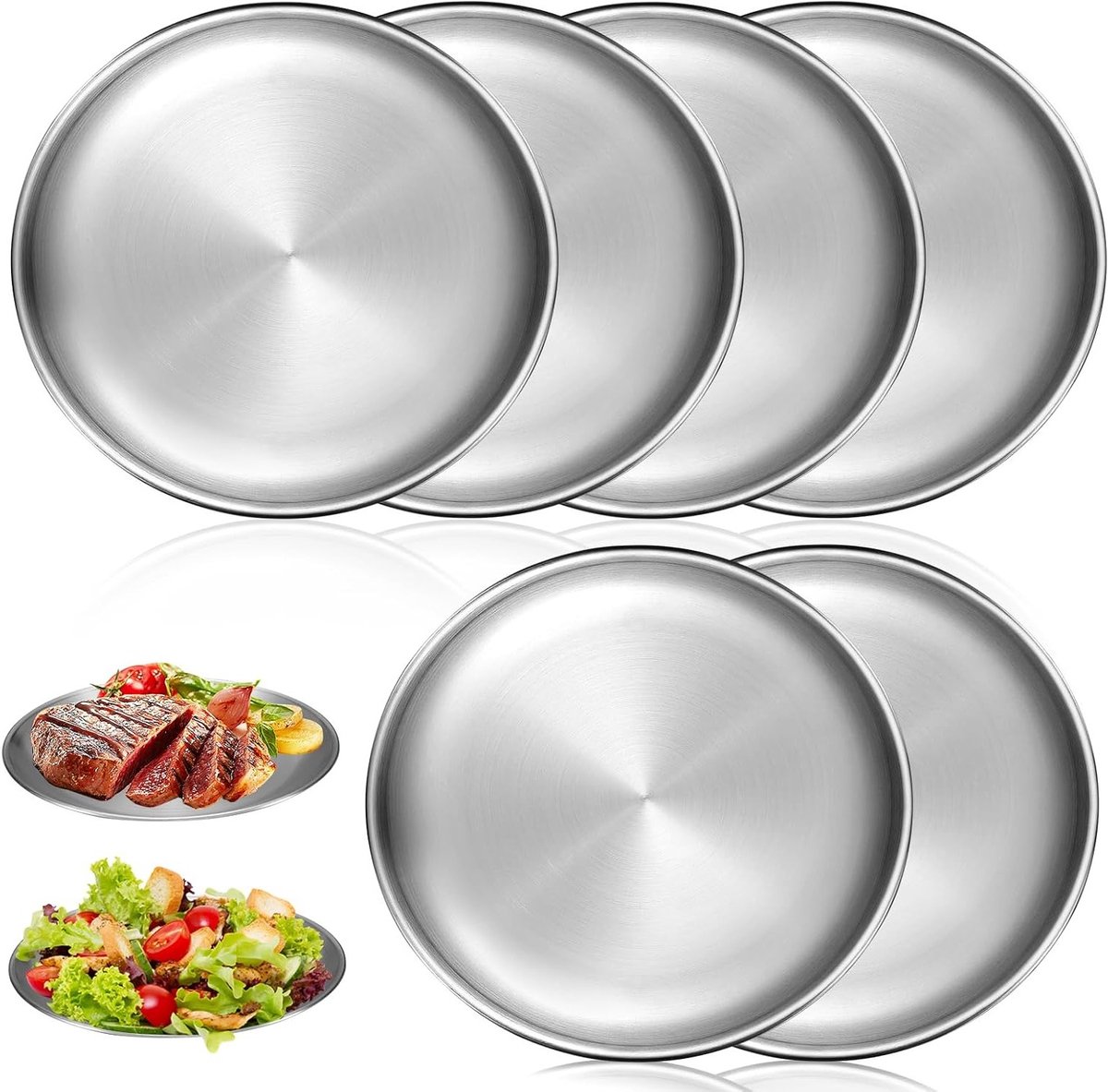 Set van 6 roestvrijstalen borden, 20 cm diameter, lichtgewicht campingservies voor picknick en buitengebruik, vaatwasserbestendig en duurzaam
