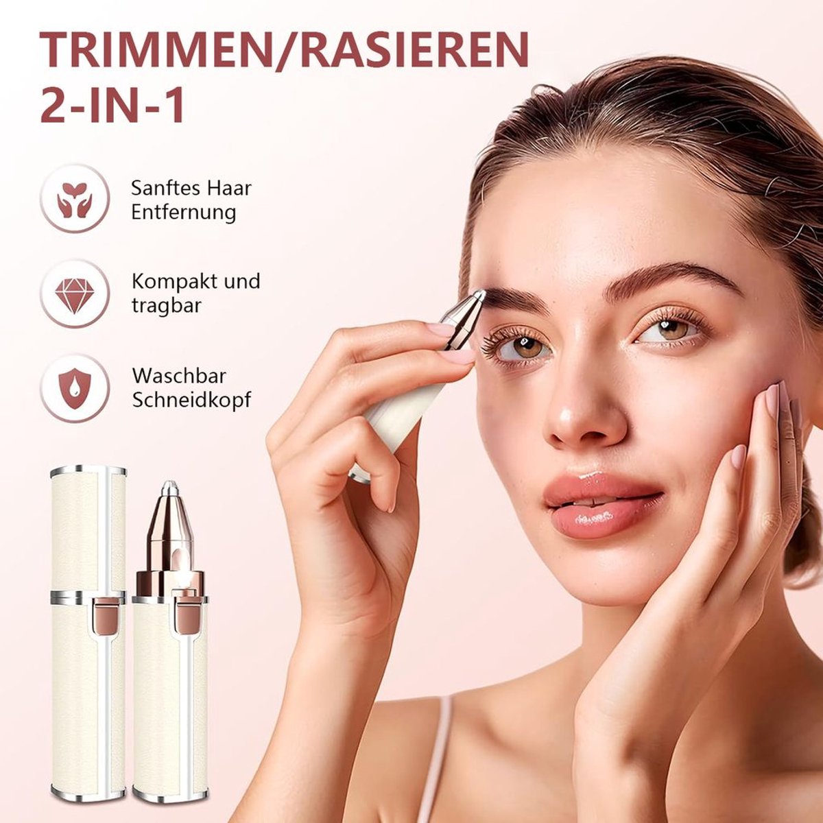 Elektrisch scheerapparaat, neushaartrimmer, wenkbrauwtrimmer, ontharingsapparaat, geschikt voor het gezicht, de wenkbrauwen, lippen, wangen, kin en nek van vrouwen.