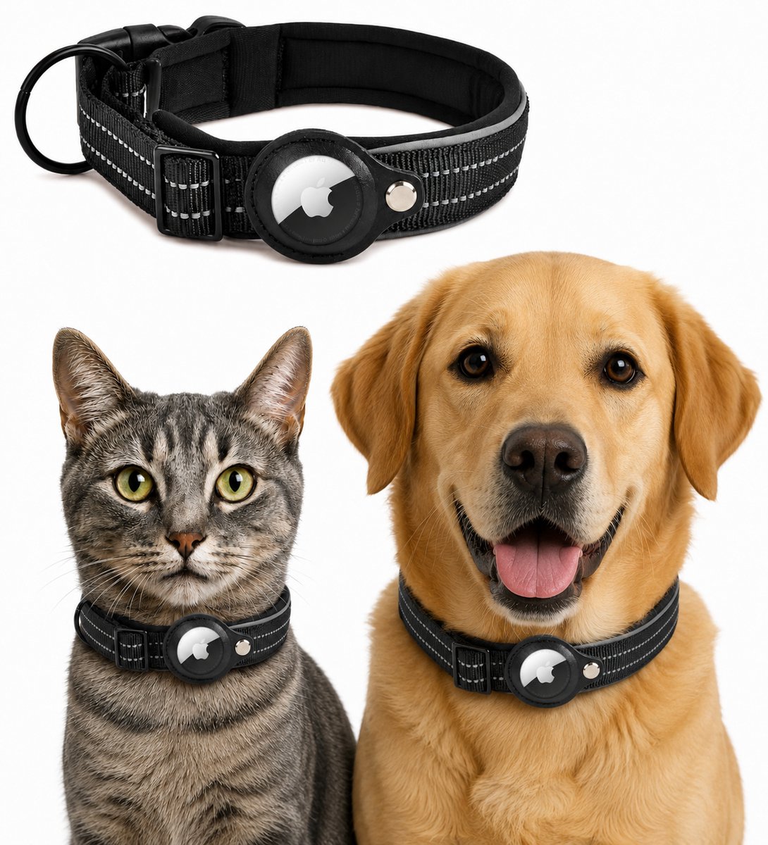 Dierboetiek - Stevige Hondenhalsband En Kattenhalsband Inclusief Apple Tag tracker – Zwart – Verstelbaar - Maat L - Iphone/Apple